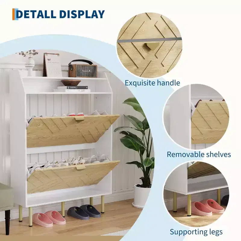 Shoe Cabinet, Entryway Cabinet  45H 2-Flip Drawer Wood Cabinet White+Wood Hidden Storage 31.1W x 9.1D