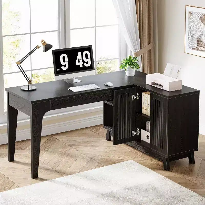 57-Inch L-Shaped Computer Desk with Storage Cabinet for Home Office