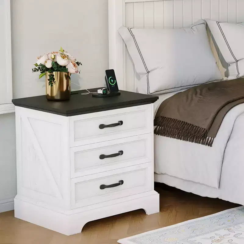 Farmhouse Nightstands w/ Charging Station, Modern Wood Bedside Table w/ 3 Large Storage Drawers, End Table for Bedroom & Living Room