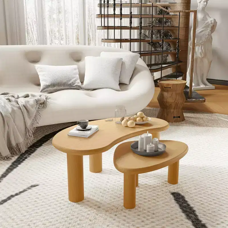 MAYEERTY Solid Wood Coffee Table Set Cashew Shaped in Black Color for Living Room Bedroom Beige