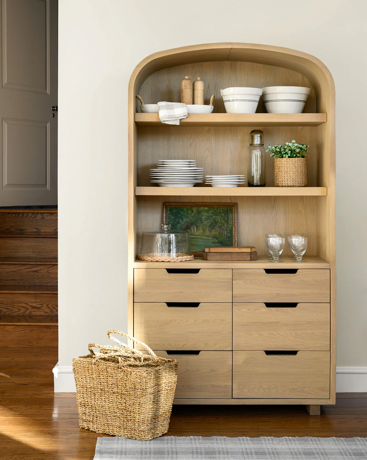 Modern Oak Cabinet with Arched Shape & Six Drawers for Living Room