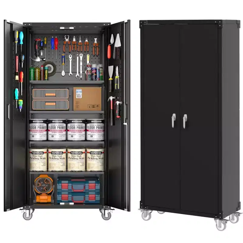 Metal Garage Storage Cabinet with Pegboard, 72 Lockable Storage with Adjustable Shelves and Wheels
