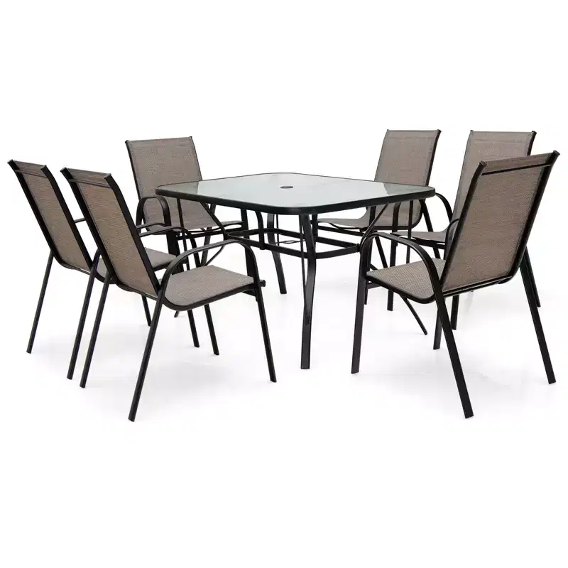 Gymax 7PCS Outdoor Patio Dining Set w/ 6 Stackable Armchairs Tempered Glass Table Umbrella Hole for Yard Garden or Backyard