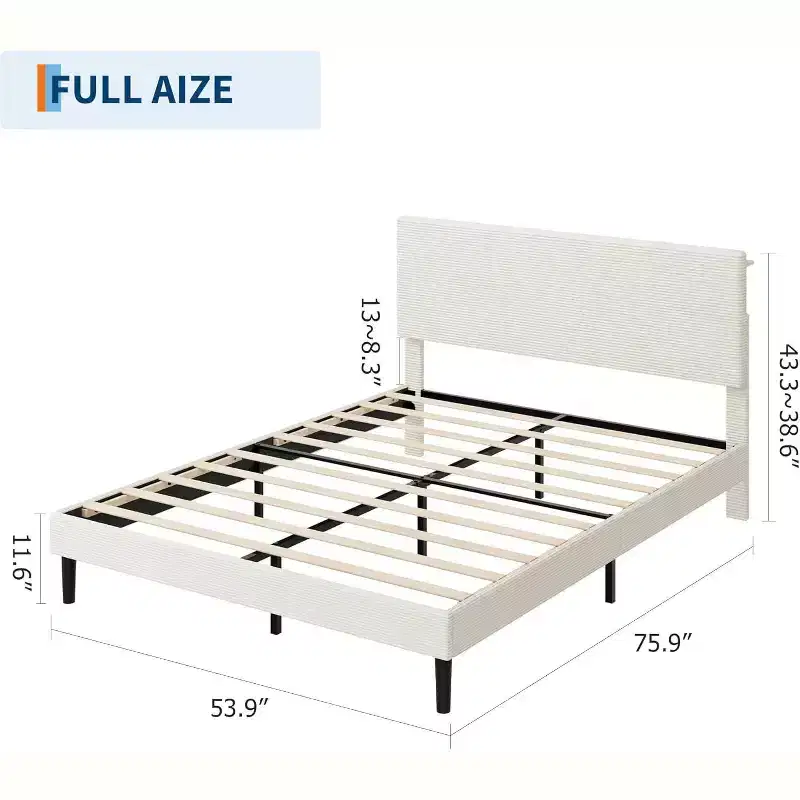 GustoWave Corduroy Upholstered Platform Bed Frame with Charging Station Headboard