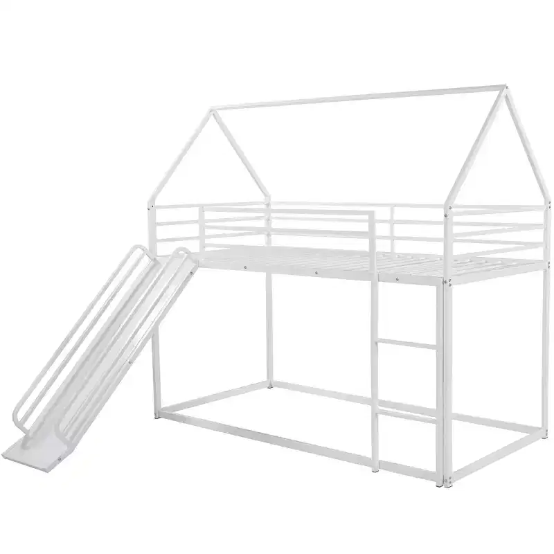 Twin over Twin Metal House Bunk Bed with Convertible Slide and Ladder