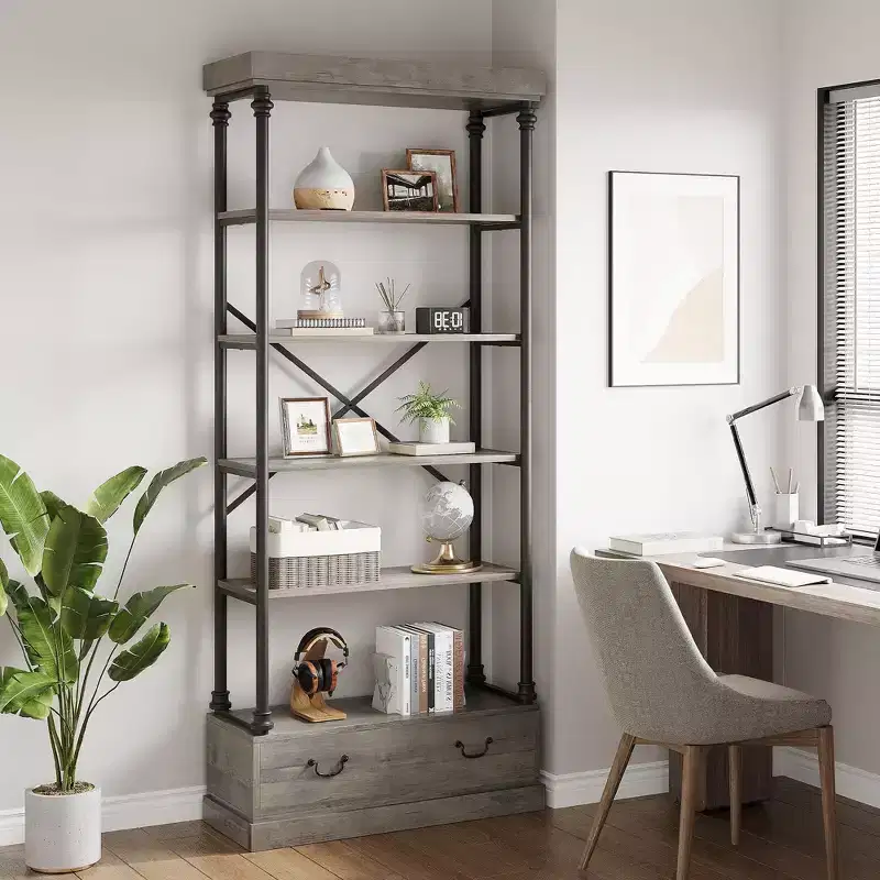 5-Tier Open Bookshelf with Drawer, Gray / Vintage, Metal Frame, For 1