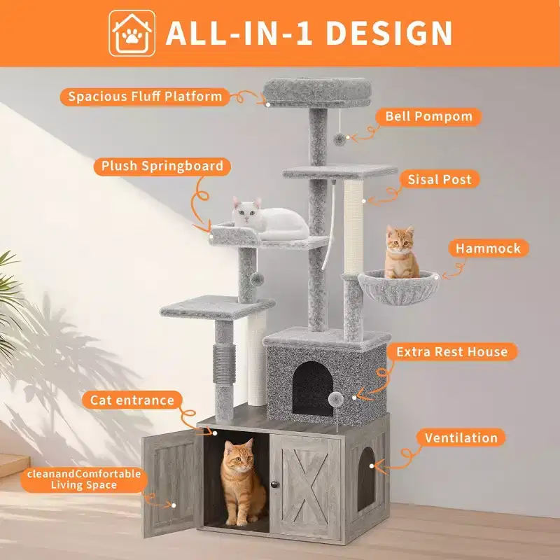 Cat Tree, Litter Box Enclosure - 2-in-1 Hidden Pet Washroom Furniture with Sisal Scratching Posts, Hammocks, Condo, Multi Platforms for Cats