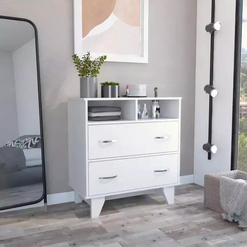 Okak Modern Bedroom Dresser Nightstand with 2 Large Drawers & 2 Open Shelves, Four Legs Chest Cabinet for Living Room Hallway Entryway