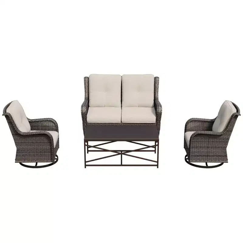 UPTIOT 4-Piece Outdoor Lounge Set with Swivel Rocking Chairs, Double Sofa & Rectangle Table