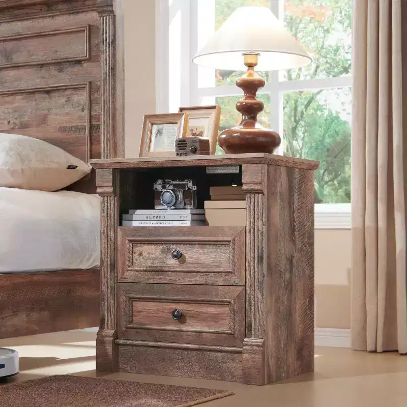 26 Nightstand with Charging, 23.6 Farmhouse Table Open Shelf & 2 Drawers