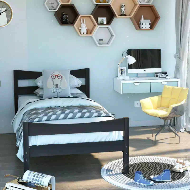 Twin Size Platform Bed Frame Foundation with Headboard & Wood Slat Support