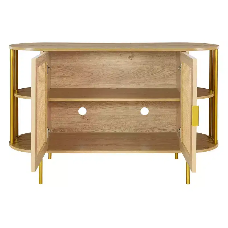 Hostack 2-Door Curved Sideboard Cabinet with Gold Trim and Woven Rattan Doors for Dining Room, Natural