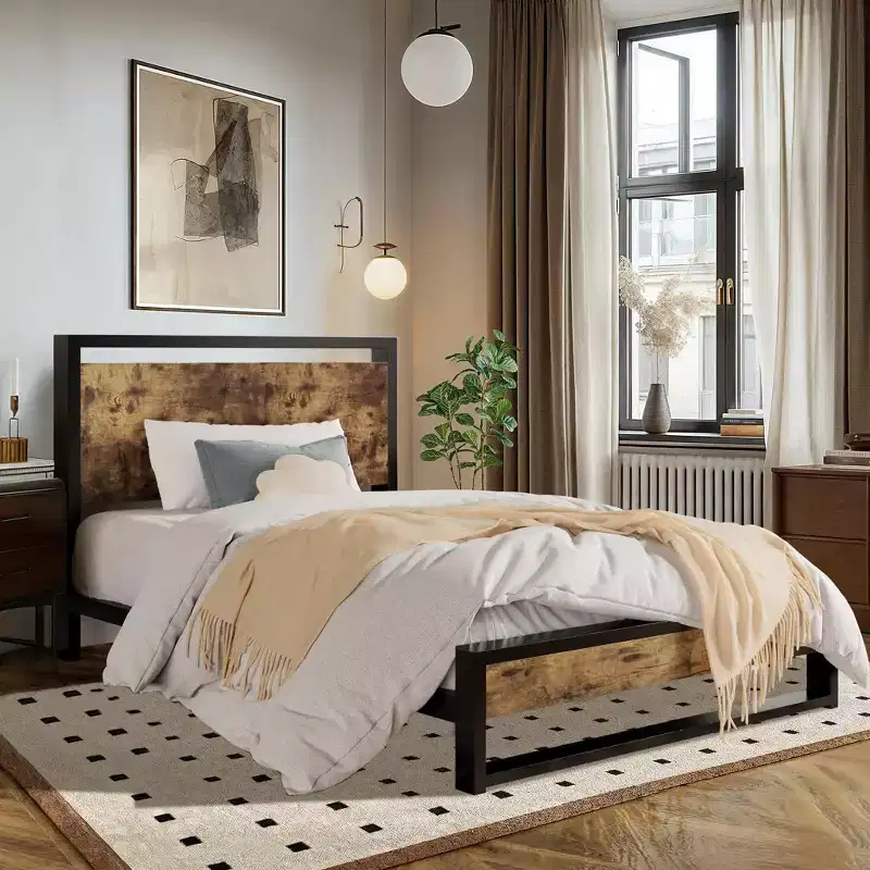Allewie Metal Bed Frame with Rustic Headboard & Footboard, Sturdy Frame Construction, No Box Spring Needed
