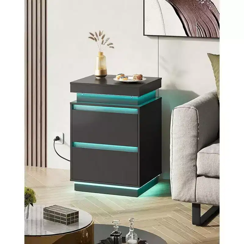 LED Light Nightstand with Charging Station, 2 Wooden Drawers & Sliding Top