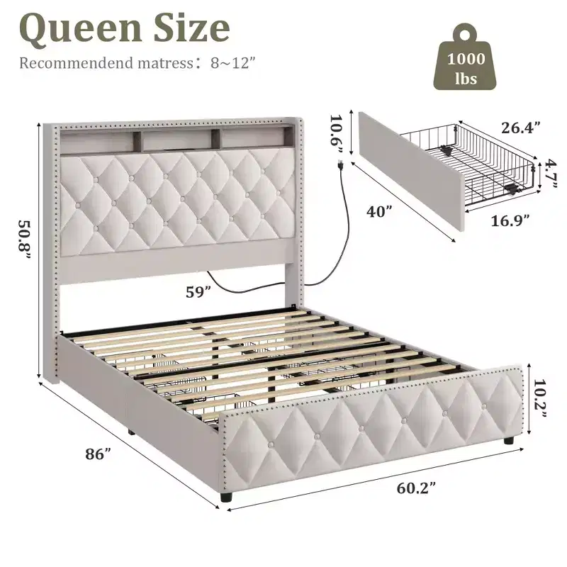 GustoWave Velvet Upholstered Bed Frame with 50.8 Tall Headboard, USB Charging Station, Led Lights