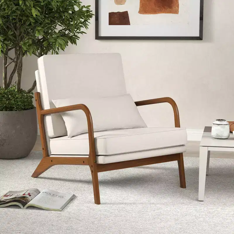 Modern Accent Chair, Upholstered Leisure Armchair with Rubber Wood Armrests & Legs