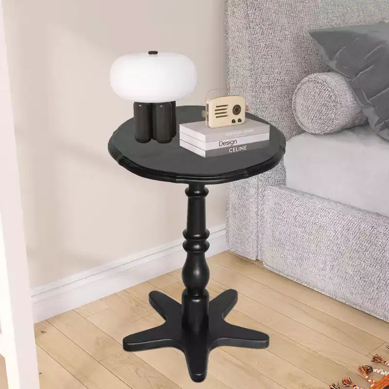 MAYEERTY 15.75 Round Coffee Table, Wooden Pedestal Side Coffee Tables, Vintage Accent Nightstand for Living Room Black
