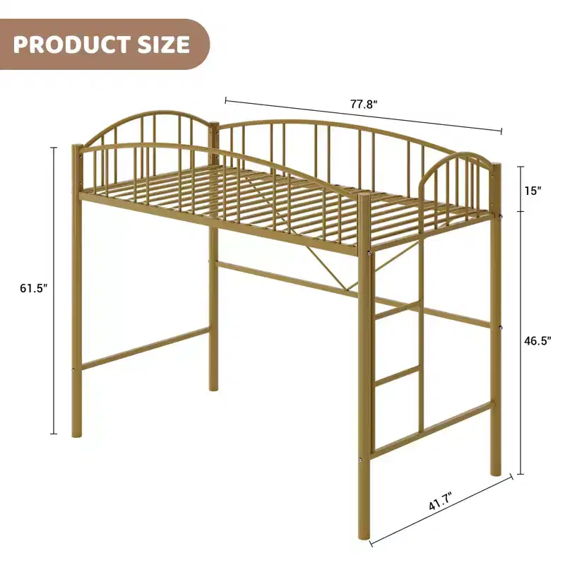 Loft Bed Twin Size with Ladde and Arched Guardrail, Heavy Duty Metal Loft Bed Frame for Kids and Adults, Space Saving, No Box Spring Needed, Pink