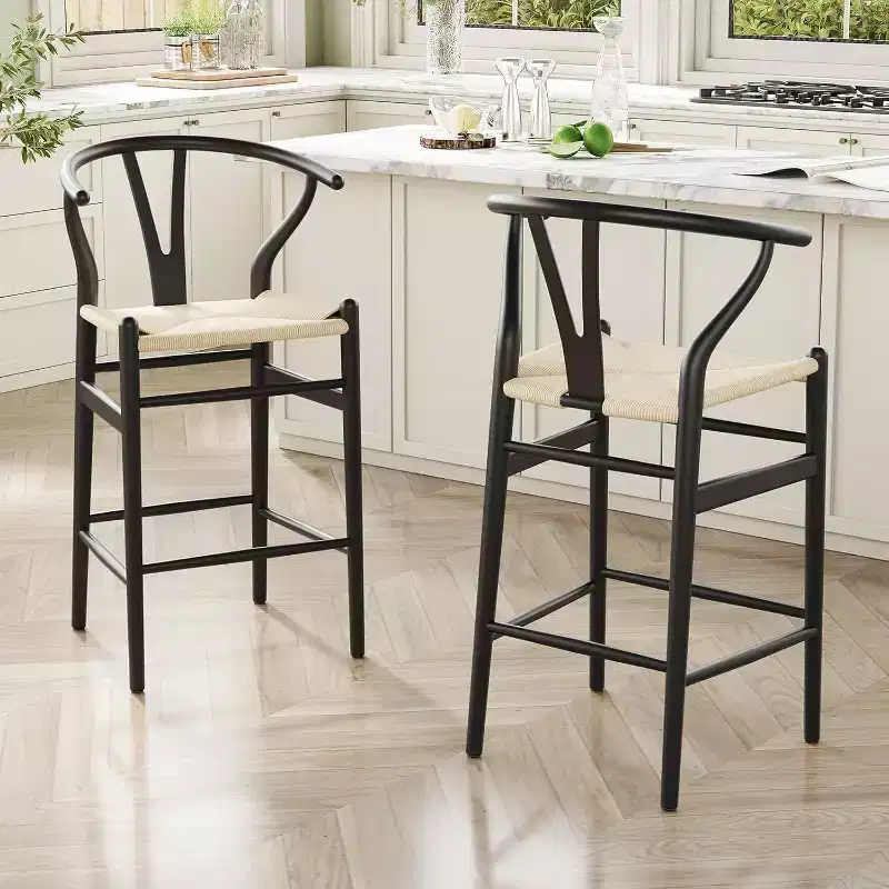 1 Piece Fully Assembled Wishbone Barstool Dining Chair Weave Counter Height Bar Stool for Kitchen Island Beige
