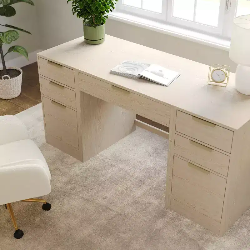 Modular Home Office Desk with Single Drawer & Dual 3-Drawer File Cabinets, Wood Composite