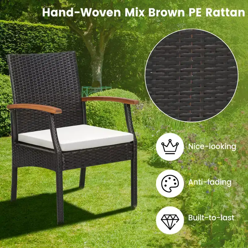 Costway Patio PE Wicker Chairs Acacia Wood Armrests with Soft Zippered Cushion Balcony