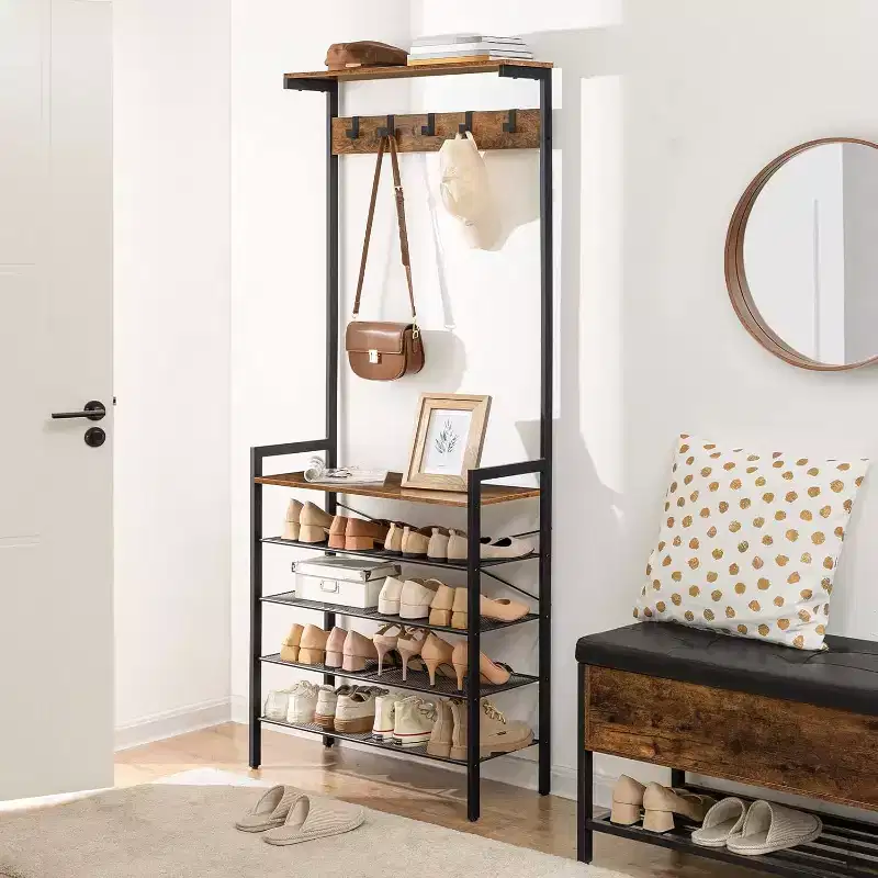 ACOINEL Hall Tree with Bench, Industrial Coat Rack & 5-Tier Shoe Storage, 5 Hooks Holds 12-16 Pairs Shoes for Entryway, Hallway, Foyer