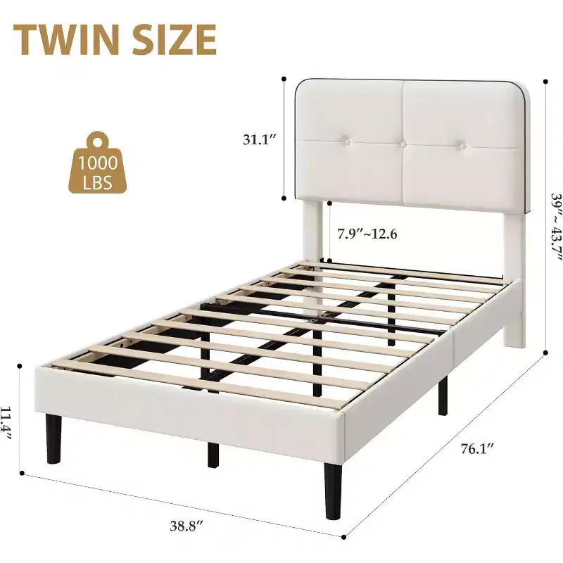 Twin Upholstered Velvet Platform Bed Frame with Adjustable Headboard, Sturdy Metal Support, Noise-Free, No Box Spring Needed