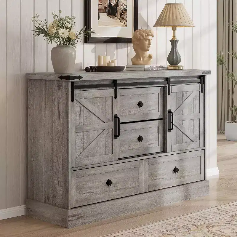 45 White 4 Drawer Dresser with Barn Doors  Bedroom Wood Dresser for Closet, Living Room, TV Stand
