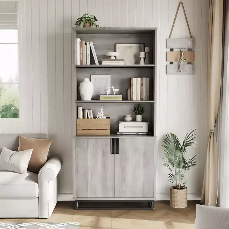 71 5-Tier Farmhouse Bookshelf with Storage Cabinet & Adjustable Shelves, Floor Standing Display Book Shelf for Home Office, Grey