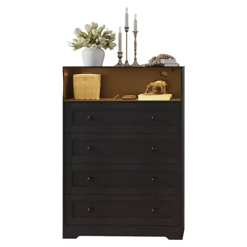 4-Drawer Wooden Dresser w/ LED Lights & Charging Station, Nightstand & Chest of Drawers, Storage Organizer for Bedroom Living Room Hallway Closet