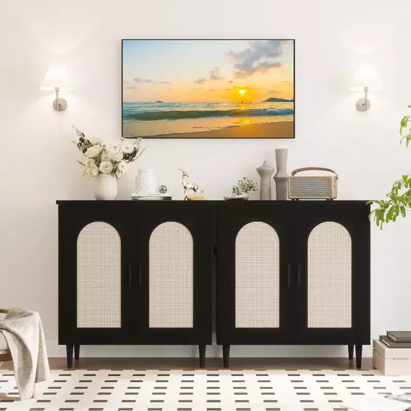 Set of 2 Rattan Sideboard Buffet Cabinets  Farmhouse Storage with Adjustable Shelves for Dining/Living Room/Entryway