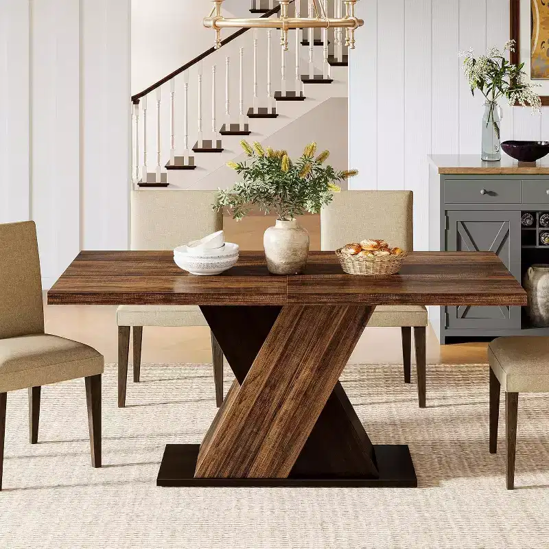 55-Inch Farmhouse Dining Table for 4, Rectangle Rustic Brown Kitchen Dining Room Table, Wooden Dinner Table for Small Spaces