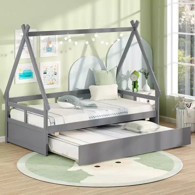 Twin Size House Bed with Trundle, Roof & Safety Guardrail, Wood Slat Support, Gray