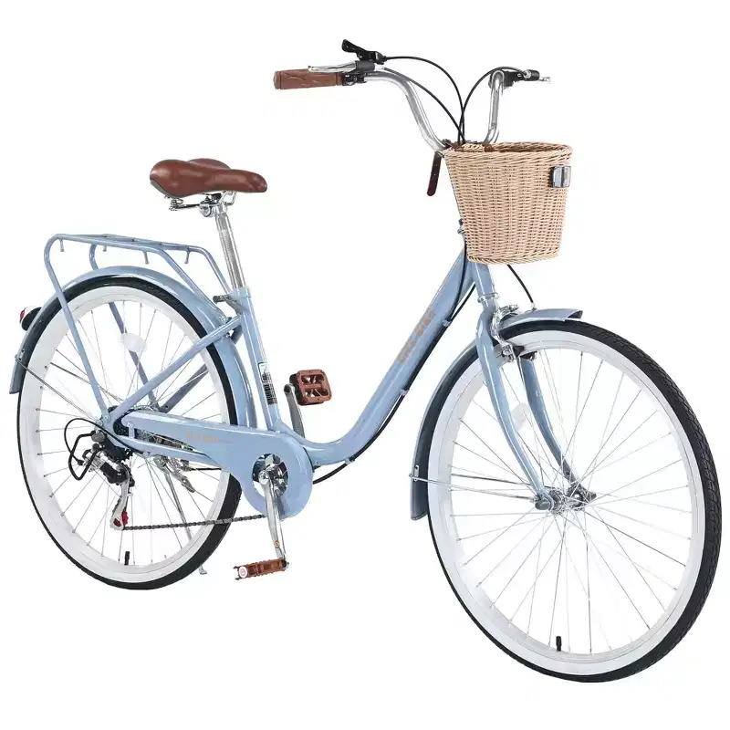 NAYSAYE Bicycle 7 Speed City Bike with Basket Steel Frame for Girls for Commuting and Leisure, Blue, 66.93*24.8*41.34