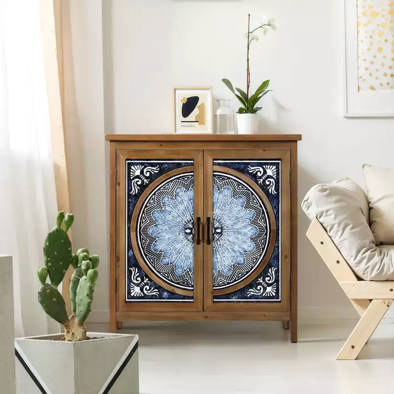 Captiva Designs 2-Door Accent Distressed Storage Cabinet with Blue and White Porcelain Pattern for Entryway Living Room