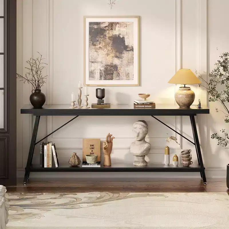 71'' Console Table with Charging Station, Industrial Metal Frame Sofa Table with Storage Shelf