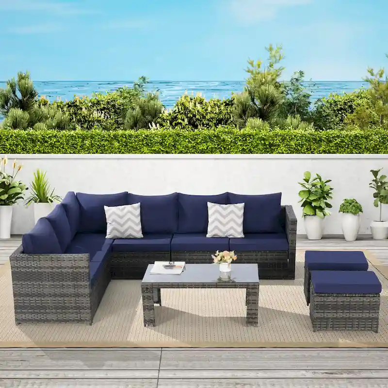 6-Piece Rattan Sectional Sofa Set with Glass Table