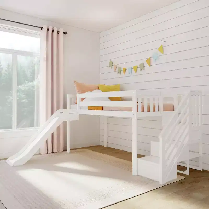 Max & Lily Twin Size Low Loft Bed with Slide and Stairs, Solid Wood Kids Platform Bed with 14 Guardrails