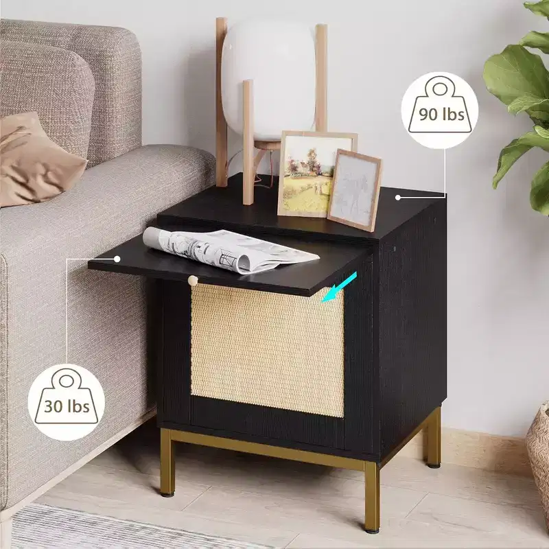 Rattan End Table, Wood Nightstand with Tray for Living Room, Bedroom Side Table with Storage Shelf
