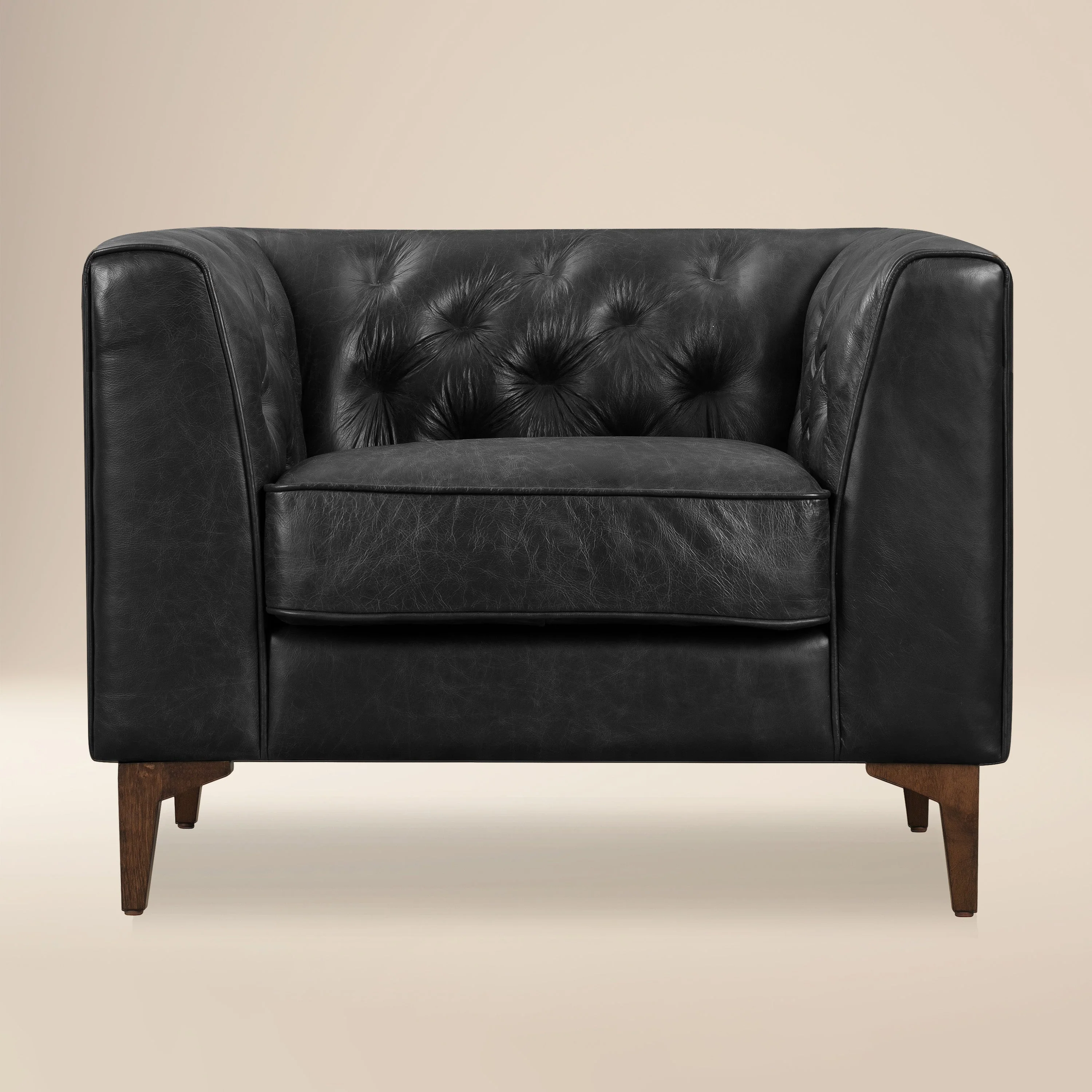 Modern Onyx Black Leather Lounge Chair with Tufted Back