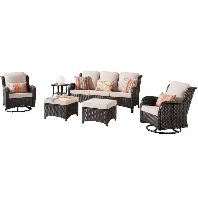 Ovios Orlando 6pc Brown Wicker Outdoor Patio Furniture Conversation Sofa Set with Swivel Chairs and Cushions