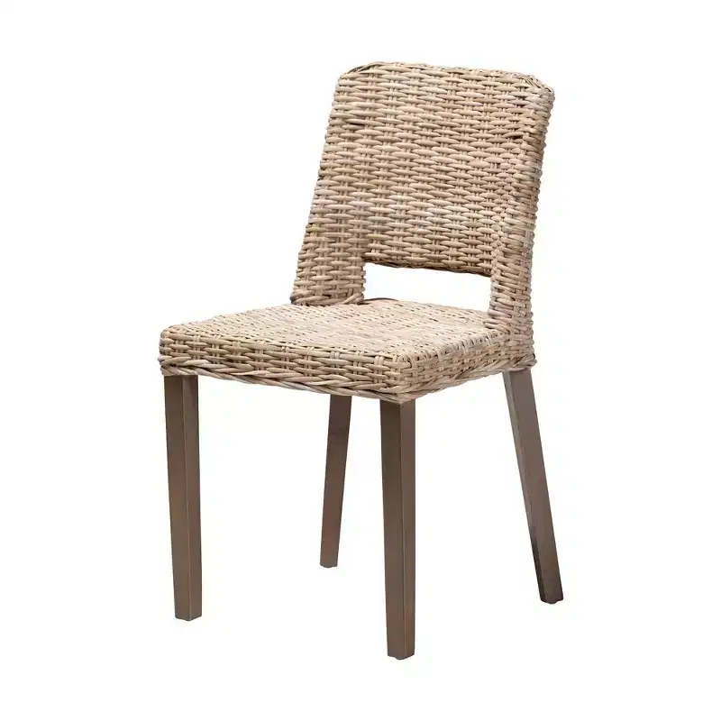 Dining Chair, Brown Natural Rattan & Mahogany Wood, Bohemian Style