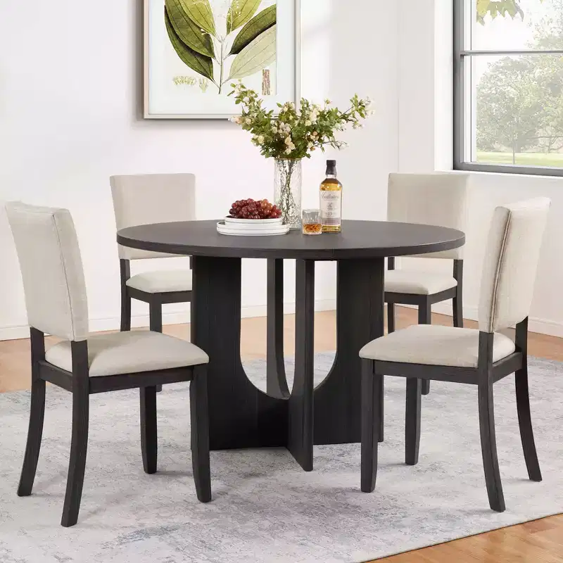 MAYEERTY 5-Piece 47.3 Modern Round Dining Set, 4 Upholstered Chairs, Antique Black & Beige