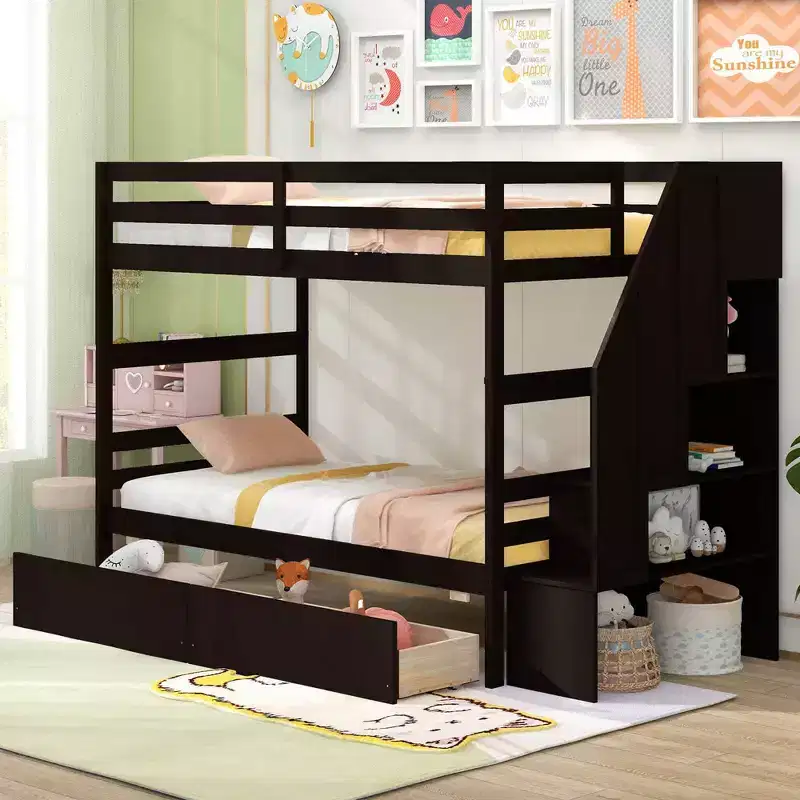Twin Over Twin Bunk Bed with Storage Stairs & Drawers Full-length Guardrails White/Gray/Brown