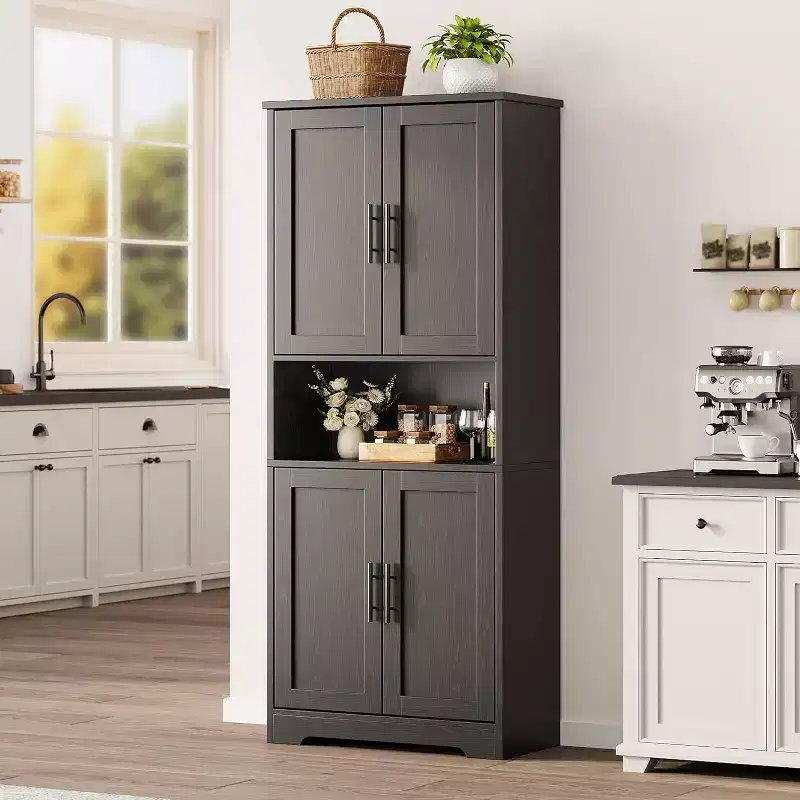 70 Inch Tall Kitchen Storage Cabinet with 4 Doors and Adjustable Shelves