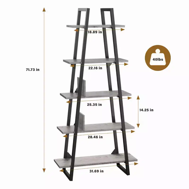 5 Tier Ladder Bookshelf, Retro Floor Standing Bookcase with Shelves, Tall Book Storage Rack for CDs Movies Books, Narrow Organizer Shelf for Bedroom