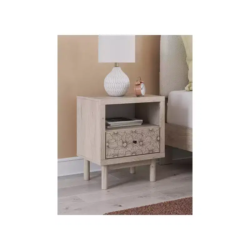One Drawer Nightstand with USB Charging Port, Light Oak Finish, Floral Accent Drawer, Tan
