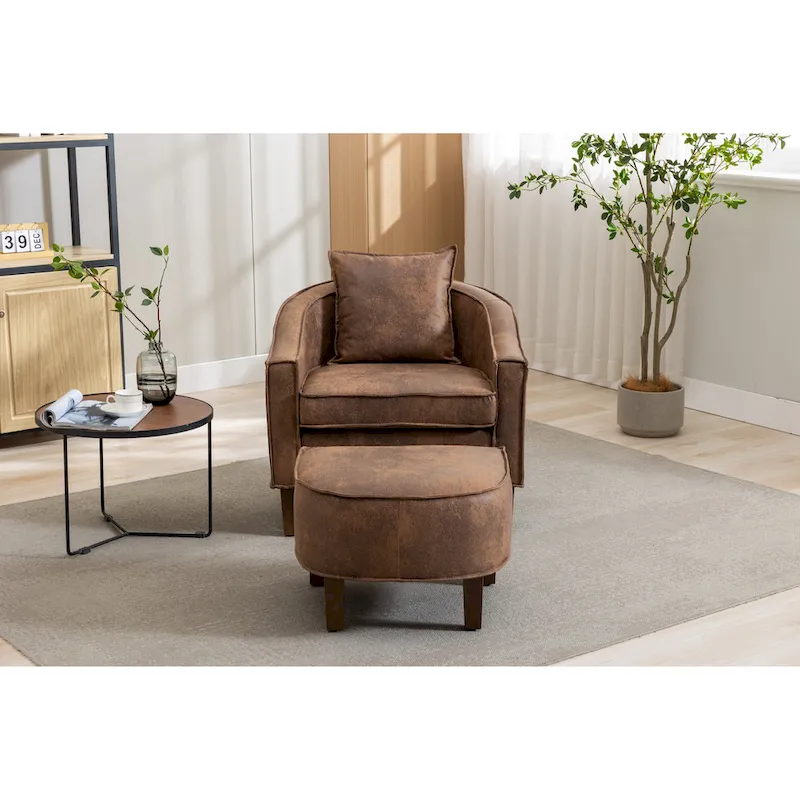 Mid-Century Upholstered Barrel Accent Round Arm Chair with Ottoman