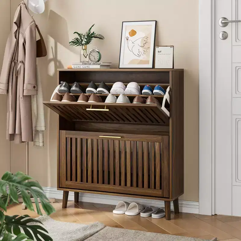 JVNOXK 31.5-inch Mid-Century Modern Freestanding Shoe Cabinet with 2 Flip-Top Drawers, Fence-Style Shoe Storage for Hallways and Entrances