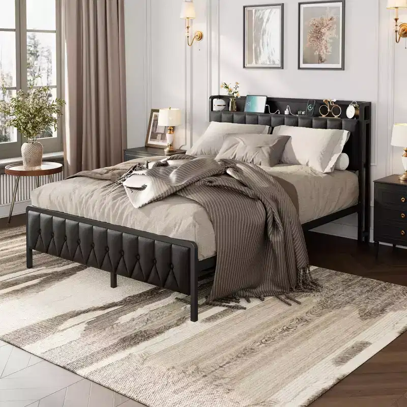 GustoWave All-Metal Platform Bed Frame, with Button Headboard and Charging Station
